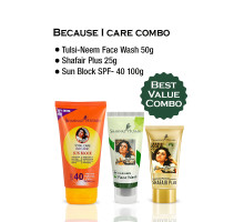 Kombi Because I Care — Sonnenschutz SPF-40 + Tulsi Neem Gesichtswäsche + Shafair Plus, 100 Gramm + 50 Gramm + 25 Gramm