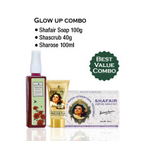 Set Glow Up Kombi — Shafair Plus Seife + Sharose Premium Dattel-angereichertes Hauttonikum + Shascrub Plus Walnuss-Gesichts- & Körperpeeling, 100 Gramm + 100 ml + 40 Gramm