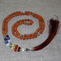 Rosary from rudraksha, decorated with semiprecious stones and silver